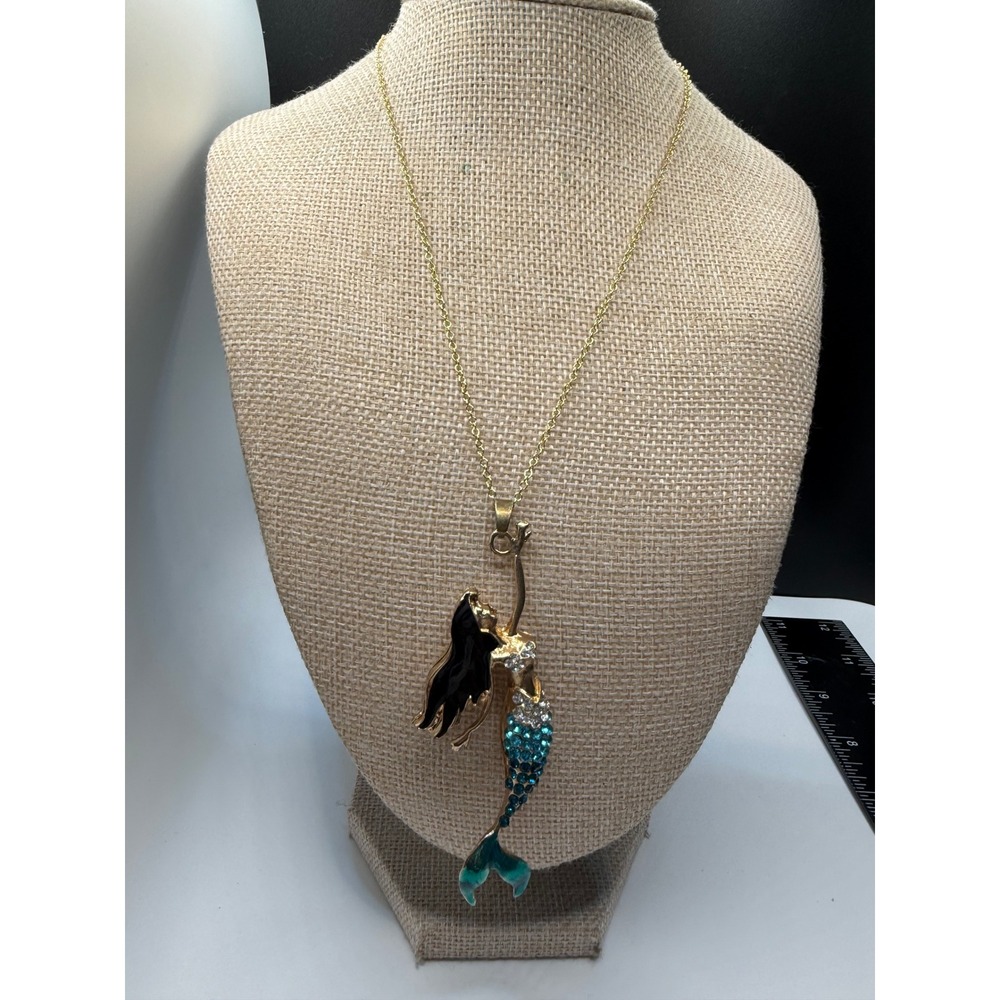 Gold Tone Mermaid Pendant Necklace Blue Rhinestone Black Enamel Nautical Jewelry